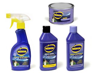 Produkty do czyszczenia nagrobków marki Minos.