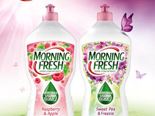 Morning Fresh - Sweet Pea & Freesia oraz Raspberry & Apple - skoncentrowane płyny do mycia naczyń.