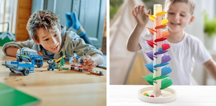 Klocki LEGO, drewniane puzzle, zabawki sensoryczne, gry edukacyjne