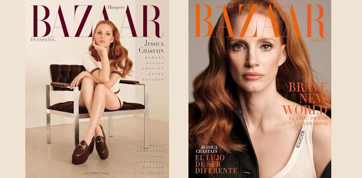Jessica Chastain na okładkach Harper's Bazaar.